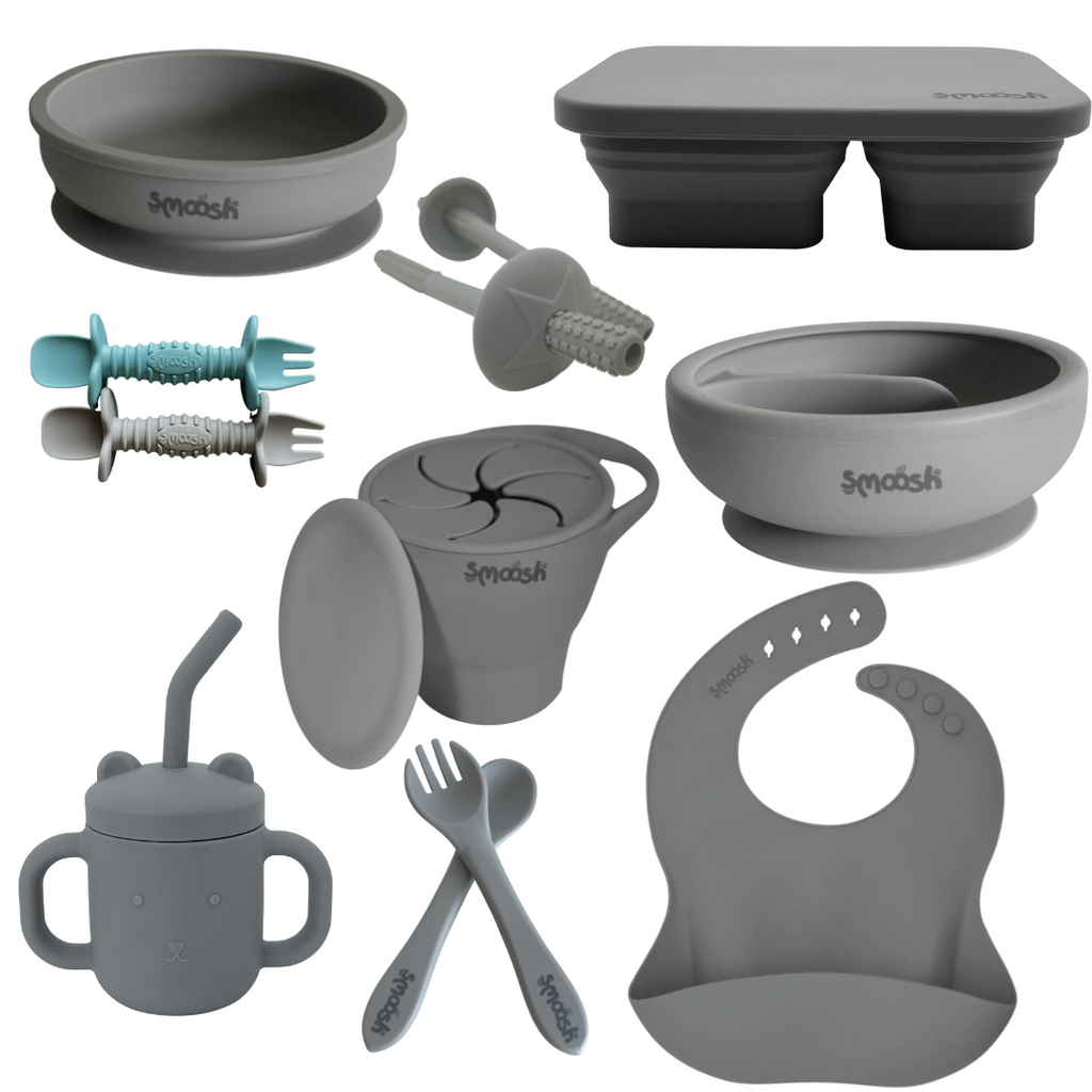Smoosh Silicone Feeding Bundle – Complete Baby & Toddler Mealtime Set with Straw- Grey